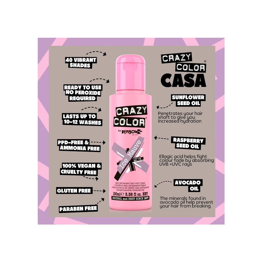 Crazy Color 75 Ice Mauve 100 mL Malva Ghiaccio - colorazione semi-permanente senza ammoniaca