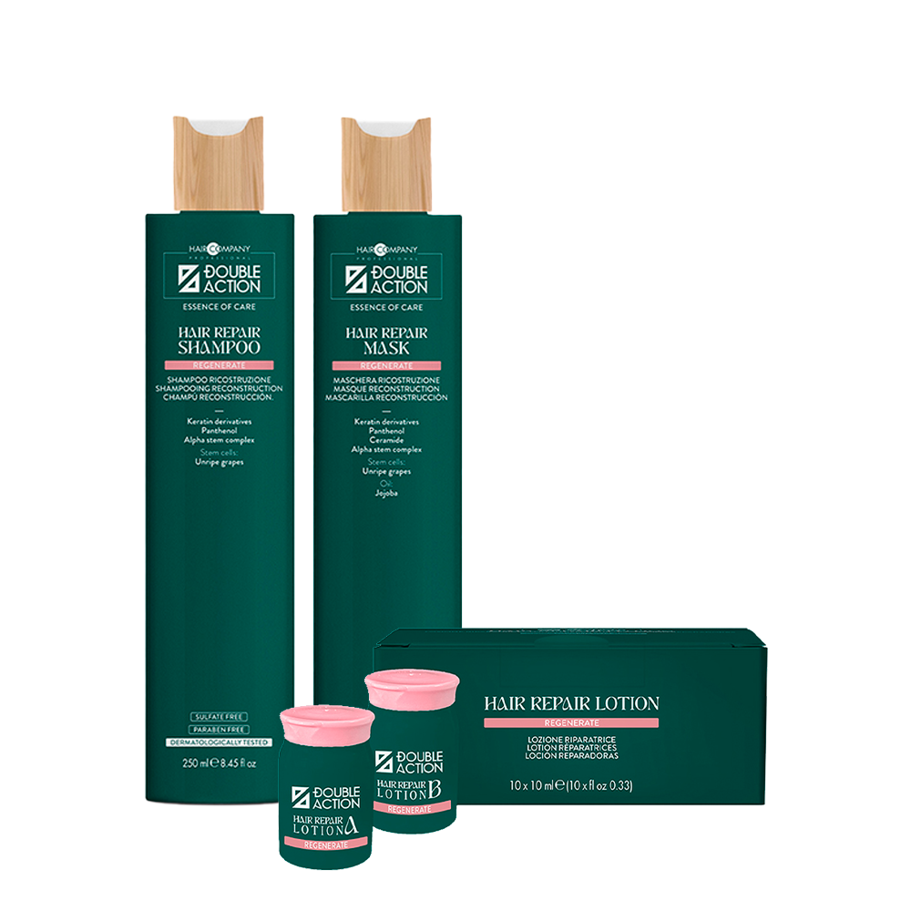 Hair Company – Kit Completo Ricostruzione Intensiva Double Action Regenerate con Shampoo & Maschera 250 mL + Lozioni Hair Repair A + B (10 x 10 mL)